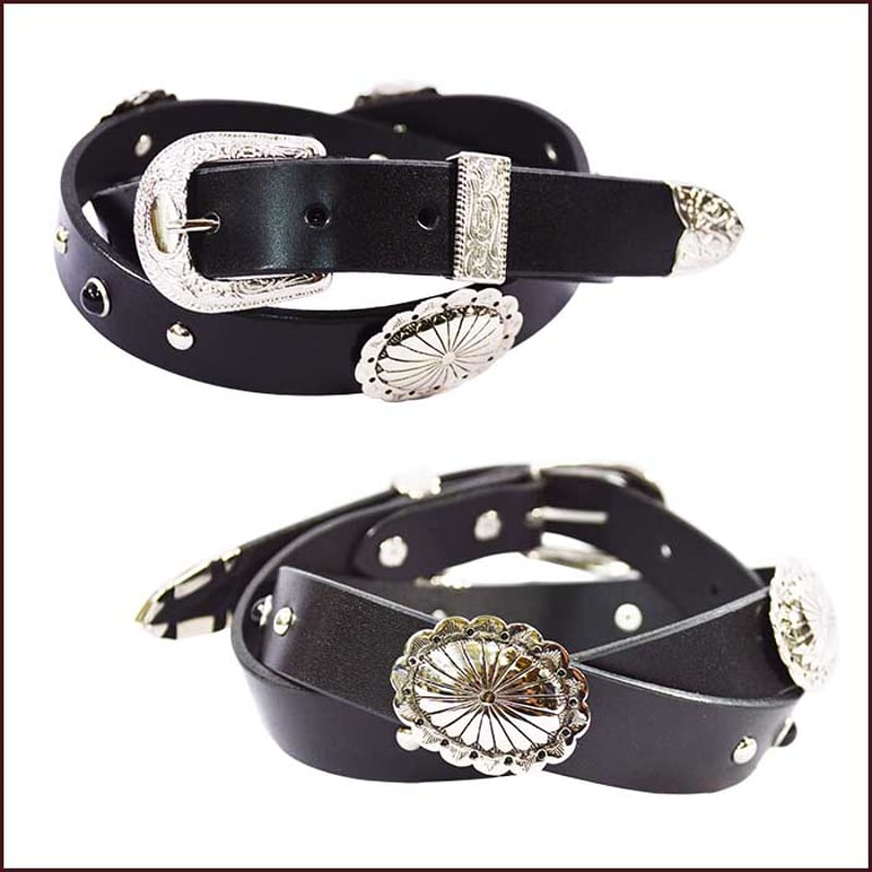 ウエスタンベルト コンチョ付き 黒スタッズ 24mm幅 3点金具 革 牛革 本