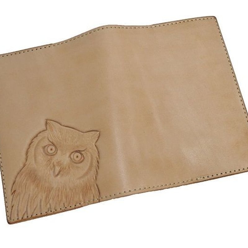 ブックカバー 文庫本サイズ 牛革 ヌメ革 フクロウ カービング 18063003