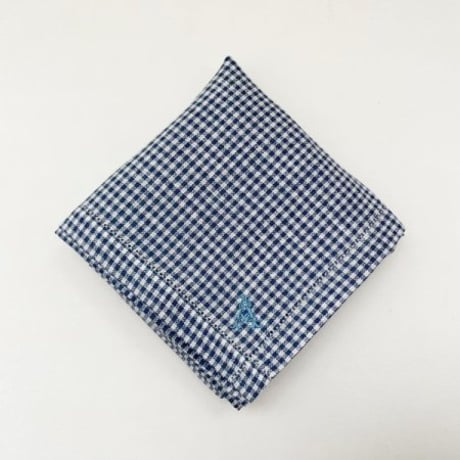 イニシャル刺繍フレンチリネンギンガムチェックのハンカチ（NAVY）