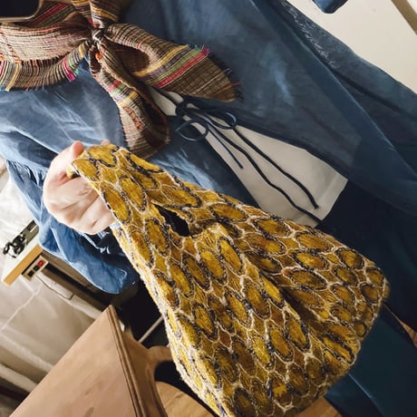 フランス製ヴィンテージ生地のバッグ（YELLOW * NAVY）