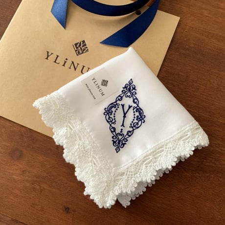 【予約注文】イニシャル刺繍レースハンカチ（NAVY）※発送予定日は商品説明をご確認ください / ブライダルハンカチ