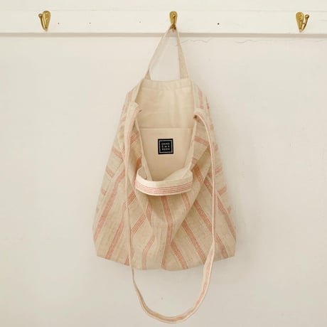 フランス製ヴィンテージリネン生地のショルダートートバッグ（ECRU * RED)