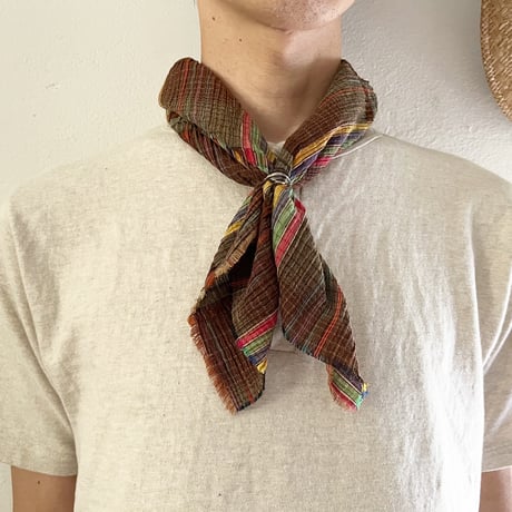 フランス製ヴィンテージ生地のコットンプチスカーフ・バンダナ（BROWN * Multicolor Check） | SANDÉMEREEN