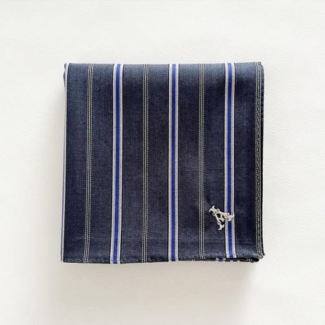 イニシャル刺繍ドビーストライプのハンカチ（Dark GREY*BLUE）