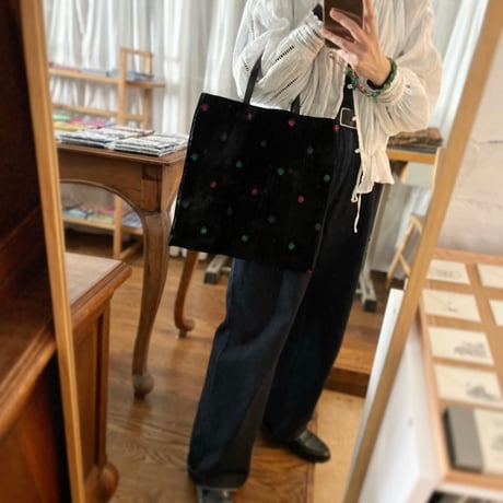 フランス製ヴィンテージ生地のLPトートバッグ（BLACK Velvet * Embroidery Dot）