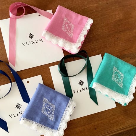 イニシャル刺繍ダブルガーゼレースハンカチ（PINK）