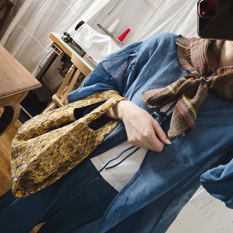 フランス製ヴィンテージ生地のコットンプチスカーフ・バンダナ（BROWN * Multicolor Check） | SANDÉMEREEN