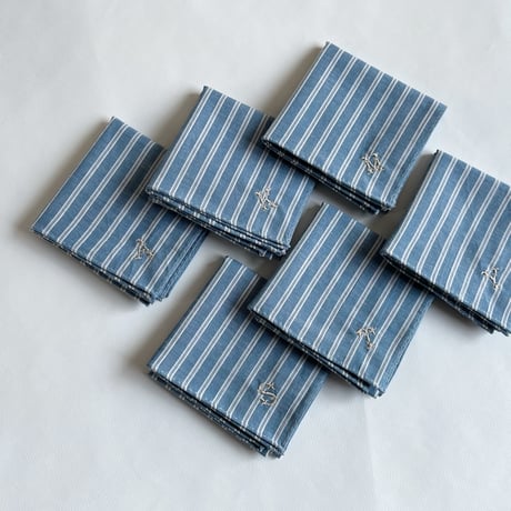イニシャル刺繍ストライプの小さめハンカチ（SmokyBLUE*WHITE）