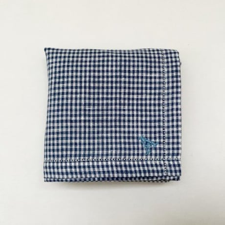 イニシャル刺繍フレンチリネンギンガムチェックのハンカチ（NAVY）