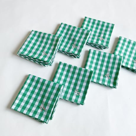 イニシャル刺繍ギンガムチェックの小さめハンカチ（GREEN*WHITE）