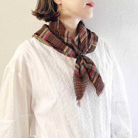 フランス製ヴィンテージ生地のコットンプチスカーフ・バンダナ（BROWN * Multicolor Check） | SANDÉMEREEN
