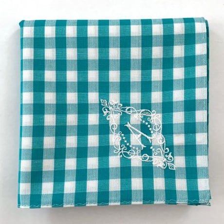 イニシャル刺繍ギンガムチェックのハンカチ（TURQUOISE GREEN）