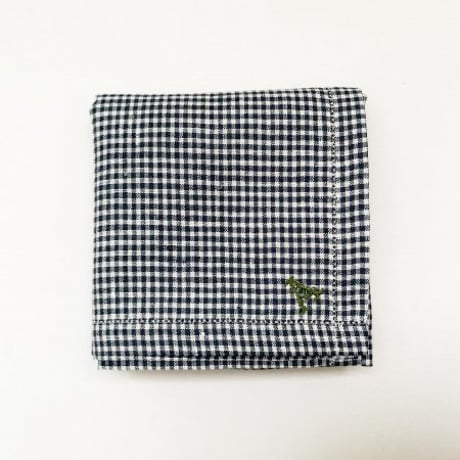 イニシャル刺繍フレンチリネンギンガムチェックのハンカチ（DARK NAVY）