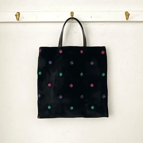 フランス製ヴィンテージ生地のLPトートバッグ（BLACK Velvet * Embroidery Dot）