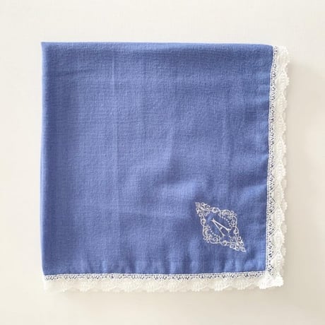 イニシャル刺繍ダブルガーゼレースハンカチ（BLUE）