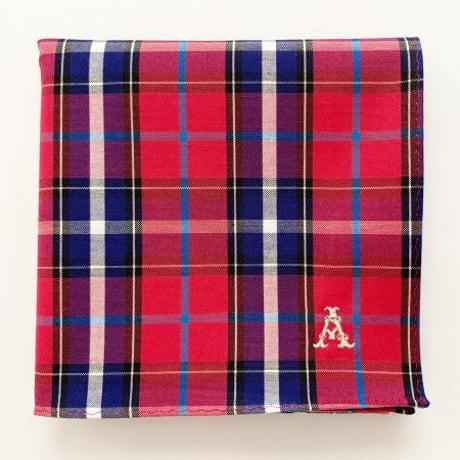 イニシャル刺繍チェックのハンカチ（RUBYRED*NAVY）