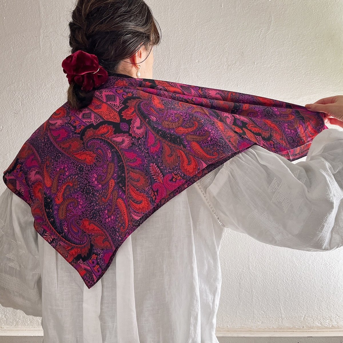 フランス製ヴィンテージ生地のシルクスカーフ（PINK*PURPLE*BLACK