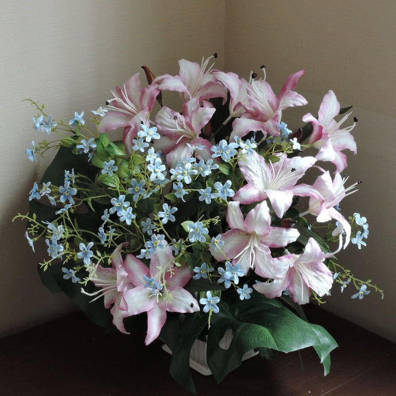 ピンクホワイト造花アレンジメント4点セット、11000円→10000円に再値下げ 光触媒造花アレンジメント【スタンド70型RD507】カサブランカ