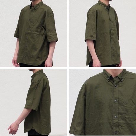 綿麻ワッシャーキャンバス ボタンダウン ボクシーAライン ハーフスリーブシャツ【MADE IN JAPAN】『日本製』/ Upscape Audience [AUD6546]
