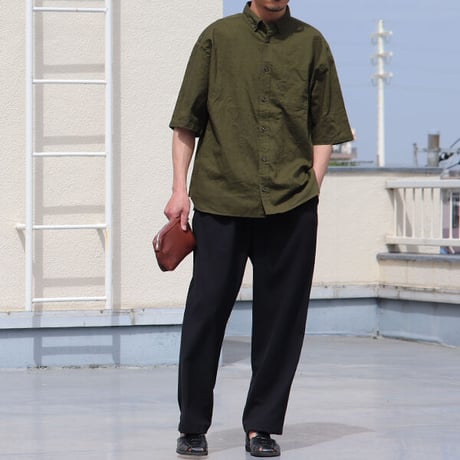 綿麻ワッシャーキャンバス ボタンダウン ボクシーAライン ハーフスリーブシャツ【MADE IN JAPAN】『日本製』/ Upscape Audience [AUD6546]