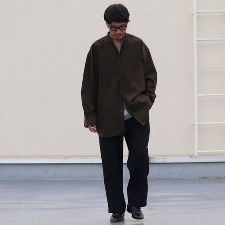 フェイクスウェード バンドカラー ボクシーAライン 長袖シャツ【MADE IN JAPAN】『日本製』/ Upscape Audience [AUD6389]