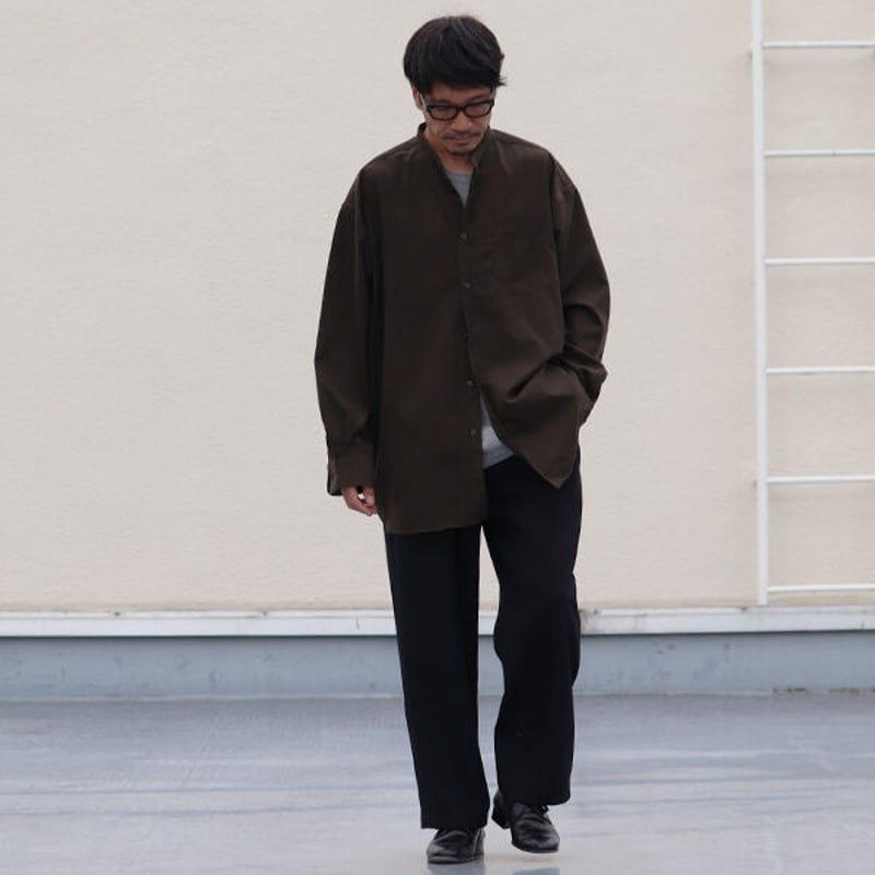 フェイクスウェード バンドカラー ボクシーAライン 長袖シャツ【MADE