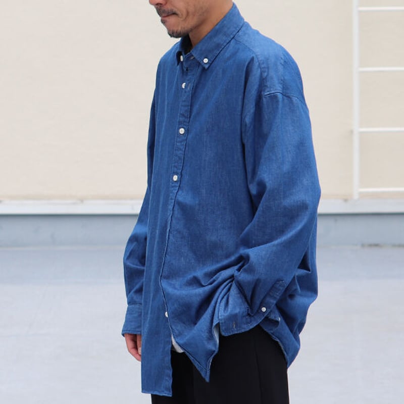 6オンス デニム 釦ダウン ボクシーAライン 長袖シャツ【MADE IN JAPAN