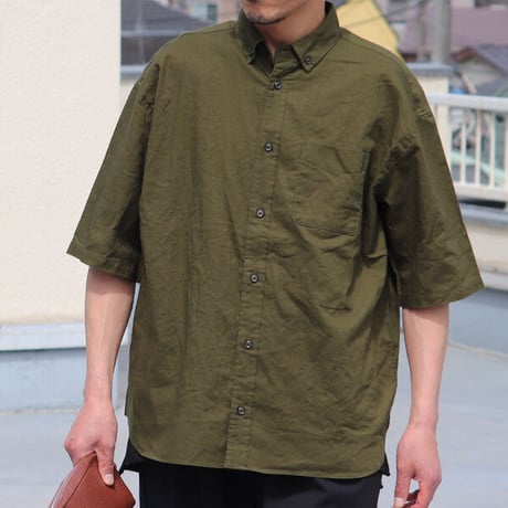 綿麻ワッシャーキャンバス ボタンダウン ボクシーAライン ハーフスリーブシャツ【MADE IN JAPAN】『日本製』/ Upscape Audience [AUD6546]