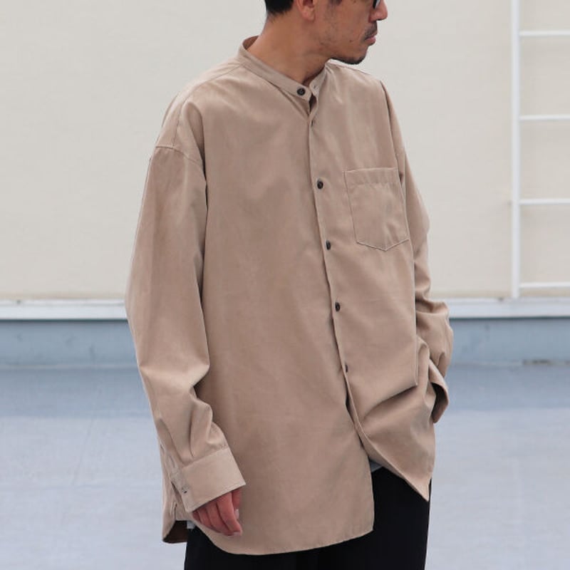 フェイクスウェード バンドカラー ボクシーAライン 長袖シャツ【MADE