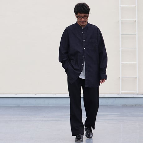 6オンス デニム バンドカラー ボクシーAライン 長袖シャツ【MADE IN JAPAN】/ Upscape Audience[AUD6392]