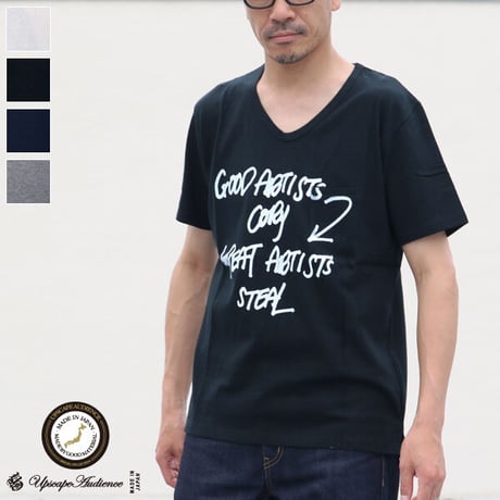 【RE PRICE / 価格改定】[AUD1563] Upscape Audience ラフィー天竺"GOOD ARTISTS..."プリントポケット付きVネックT