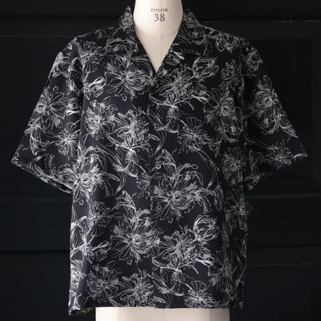 「丹後」 ライトアムンゼン(梨地) 捺染 モノトーンフラワー “マシンプリント” オープンカラー ハーフスリーブシャツ[AUD6608]