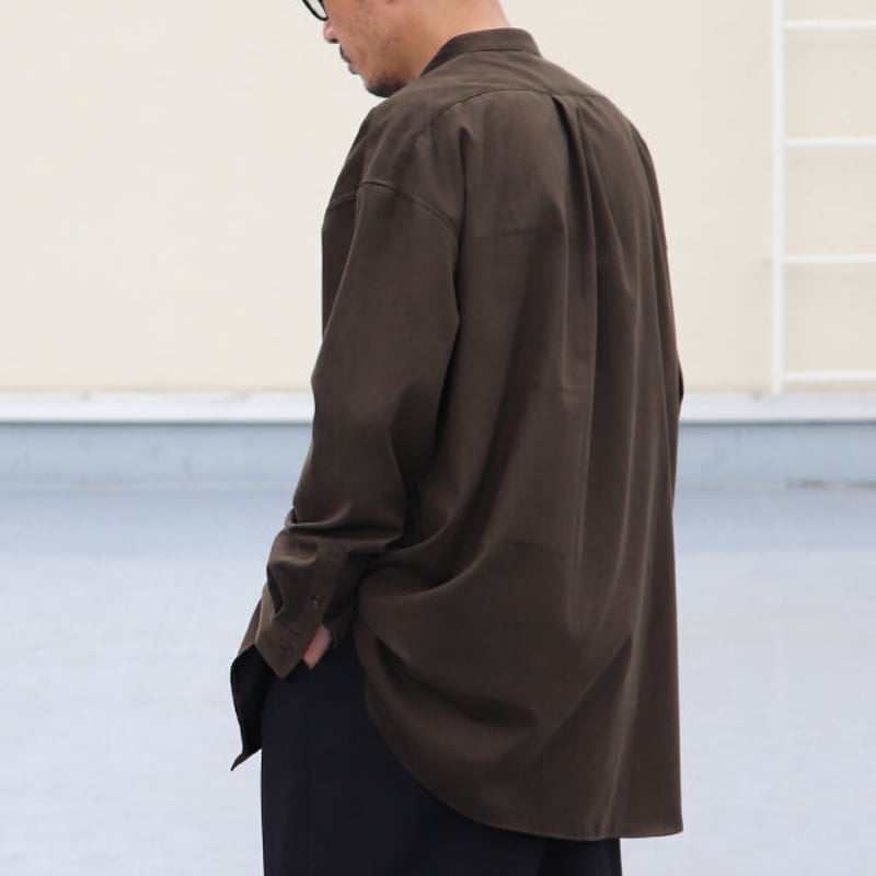 フェイクスウェード バンドカラー ボクシーAライン 長袖シャツ【MADE