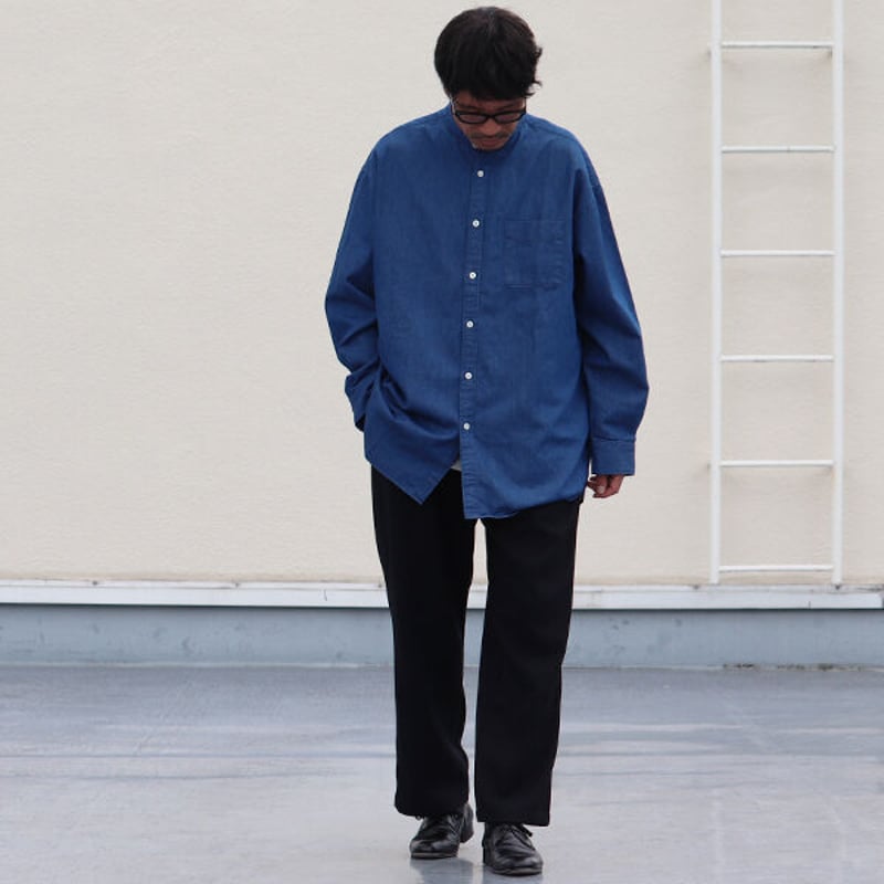 6オンス デニム バンドカラー ボクシーAライン 長袖シャツ【MADE IN