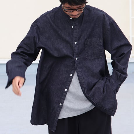 6オンス デニム バンドカラー ボクシーAライン 長袖シャツ【MADE IN JAPAN】/ Upscape Audience[AUD6392]