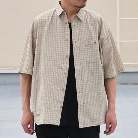 播州織 ドビーミニチェック レギュラーカラー ボクシーAライン ハーフスリーブ ワーク シャツ【MADE IN JAPAN】/ Upscape Audience [AUD6602]