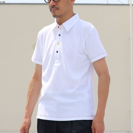 【RE PRICE/価格改定】[AUD1496] Upscape Audience 鹿の子ランダムボタンレインボーステッチ半袖ポロシャツ