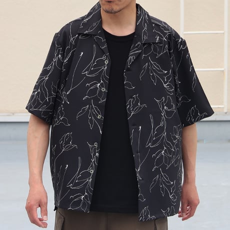 「丹後」 ライトアムンゼン(梨地) 捺染 モノトーンフラワー “マシンプリント” オープンカラー ハーフスリーブシャツ[AUD6608]