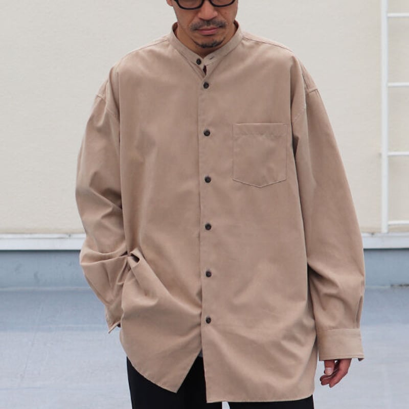 フェイクスウェード バンドカラー ボクシーAライン 長袖シャツ【MADE