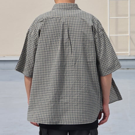 播州織 ドビーミニチェック レギュラーカラー ボクシーAライン ハーフスリーブ ワーク シャツ【MADE IN JAPAN】/ Upscape Audience [AUD6602]