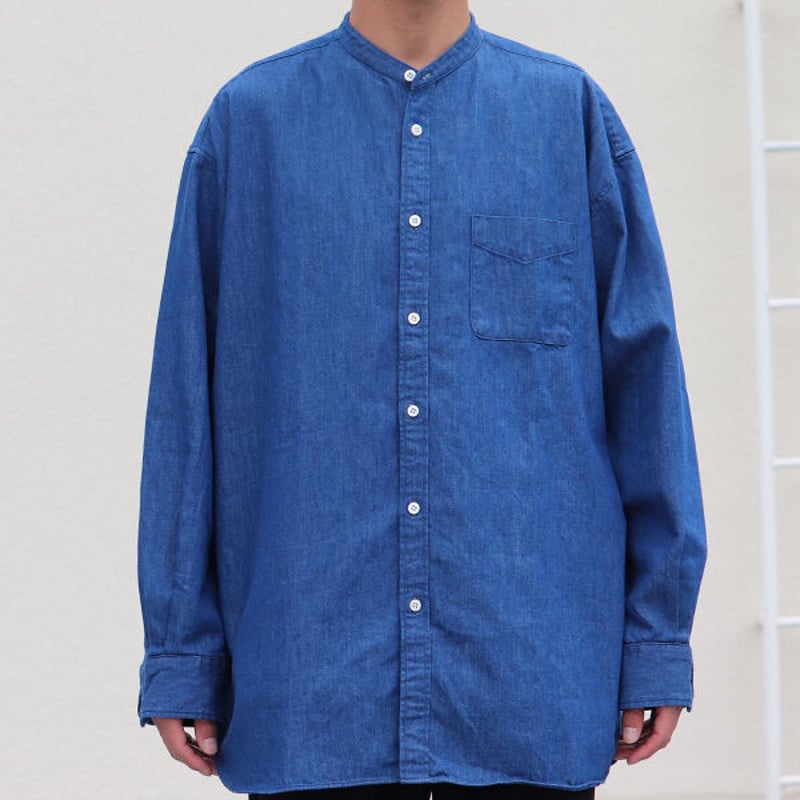 6オンス デニム バンドカラー ボクシーAライン 長袖シャツ【MADE IN
