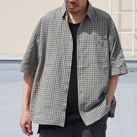 播州織 ドビーミニチェック レギュラーカラー ボクシーAライン ハーフスリーブ ワーク シャツ【MADE IN JAPAN】/ Upscape Audience [AUD6602]