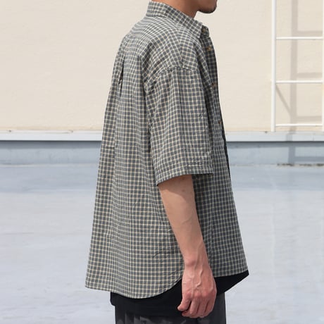 播州織 ドビーミニチェック レギュラーカラー ボクシーAライン ハーフスリーブ ワーク シャツ【MADE IN JAPAN】/ Upscape Audience [AUD6602]