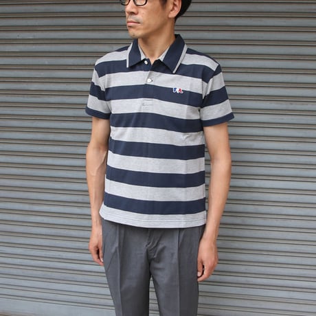 【価格改定】[AUD1554] Upscape Audience 鹿の子太ボーダーエレファント刺繍ワイドスプレッドカラーポロシャツ