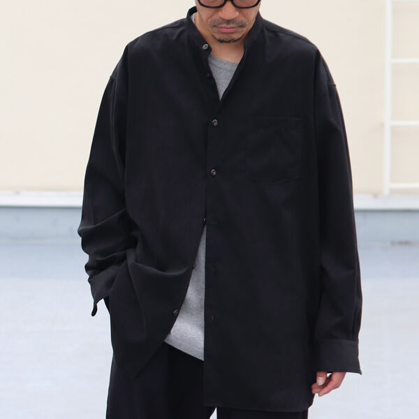 フェイクスウェード バンドカラー ボクシーAライン 長袖シャツ【MADE