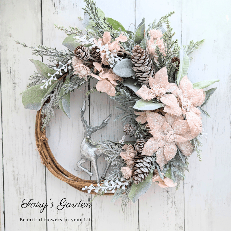 早割】毎年飾れるクリスマスリース 大サイズ38cm ピンクポインセチア  