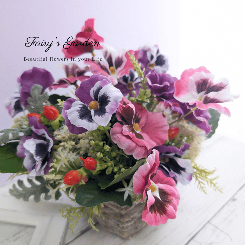 パンジーの寄せ植え風バスケットアレンジ 造花 ピンクパープル