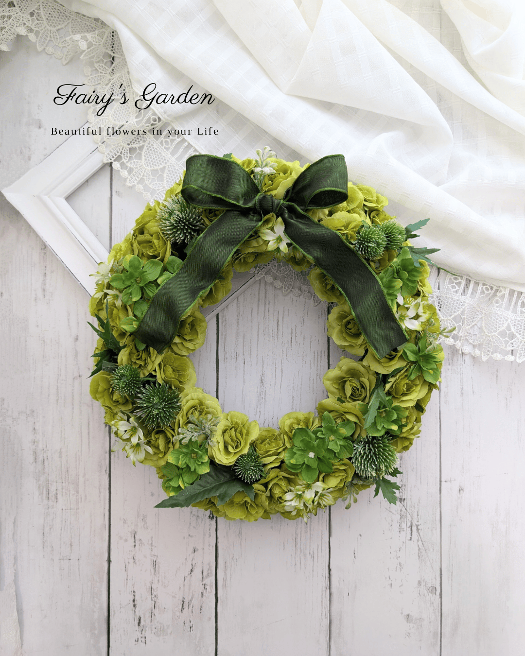 ずっと飾れるたっぷりローズのグリーンリース25cm 造花 アーティ