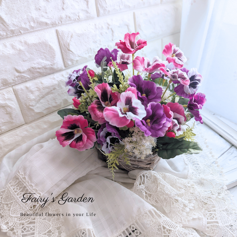 ハンドメイド 造花 バスケットアレンジメント ダリア リシアンサス ピンク 紫 造花・アーティフィシャルフラワー・カゴアレンジメント】ダリア