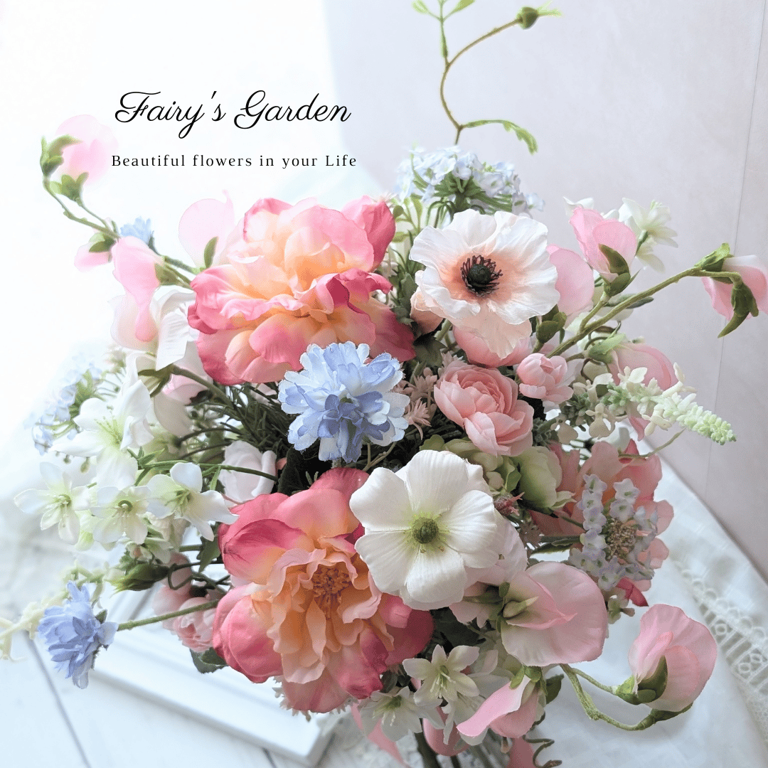 ナチュラルピンクのクラッチブーケ 造花 ウェディングブーケ